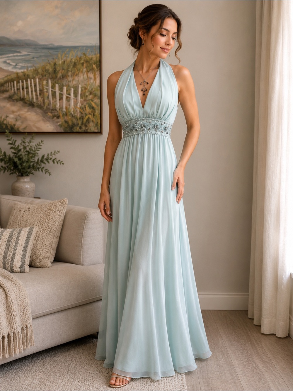 Vintage Aqua Blue Beaded Halter Neck Empire Waist Maxi Gown Cinderella Formal